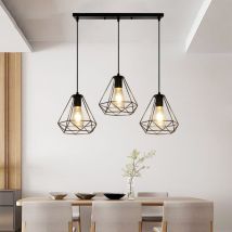 Lampada a Sospensione, Vintage Plafoniera con Ø20cm Gabbia in Metallo Diamante, Lampadari per Soggiorno Cucina Nero - 3 Luci con Portalampada Tondo