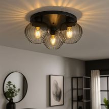 Lampada Da Soffitto A 3 Fiamme In Vetro Fumé Retrò Lampada Da Soggiorno Lampada Da Ingresso, Metallo Nero, 3x E27, Dxh 45 X 20,5 Cm