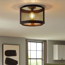 Lampada da soffitto, lampada da soggiorno, nero e oro, lampada retrò, lampada da tavolo da pranzo, paralume rotondo in metallo, presa, DxH 40x34 cm