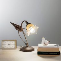 Lampada da tavolo autunno in metallo marrone e vetro con decori foglia - Marrone