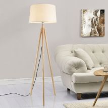 Lampada da Terra in Stile Treppiede Alta 153 cm Piantana Tripode con Paralume Conico in Tessuto Bianco e Gambe in Legno, Metallo Lux.pro