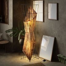 Lampada da terra in legno lampada da soggiorno lampada laterale griglia lampada da terra gabbia retrò nera, metallo, 2x prese E27, LxLxH 27x27x130 cm