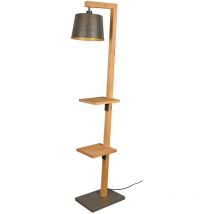 Frankystar - Lampadaire Rodrigo en bois naturel avec 2 étagères, socle et diffuseur en acier vieilli h. 165cm