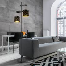 Lampada da terra, lampada da soggiorno, 2 fiamme, paralumi in tessuto con decoro, legno, regolabile in altezza, nero dorato, E27, LxPxH 41x23x150 cm