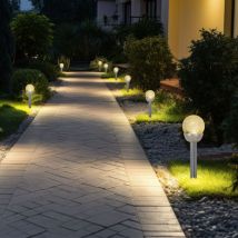 Lampada solare con picchetto da terra, lampada da esterno, sfera in vetro, lampada da giardino, plastica, argento, acciaio inox, batteria, led bianco