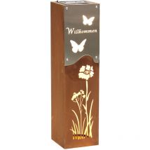 Lampada solare decorativa a colonna per decorazione da giardino, lampada da esterno, acciaio inossidabile arrugginito, plastica argentata, batteria