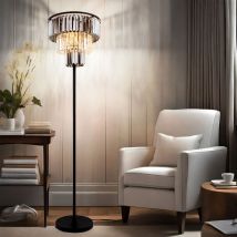 Lampadaire led Cristaux de verre Lampe de salon à 3 flammes, métal noir mat, cristaux fumés clairs, 3x 7W 806lm blanc chaud, DxH 40x180 cm