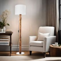 Lampadaire lampadaire style campagnard lampe en bois eucalyptus marron salon lampadaire avec abat-jour en tissu, métal textile or blanc, douille 1x