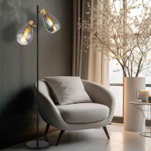 Globo - Lampadaire lampadaire verre fumé salon verre lampadaire rétro noir, métal laiton, 2x douilles E27, LxlxH 34x25x160 cm