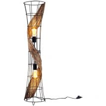 Lampadaire, lampe de salon, lampe de chambre, lampadaire, lampe d'appoint, métal, noir, bois, tissage d'herbe, 2 ampoules, E27, H 110 cm