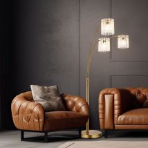 Lampadaire led Lampadaire doré Lampe de salon à 3 flammes Lampe d'appoint, tiges en verre opalin, 3x E27 led blanc chaud, LxlxH 100 x 180 x 160 cm