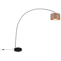 Lampadaire LED Mansur – Métal noir mat – Abat-jour textile taupe et doré – 200 cm – E27 – Lampadaire arc