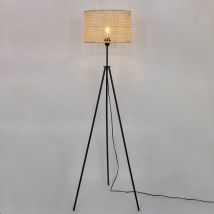 Lampadaire moderne Bora 150cm métal noir et rotin naturel compatible led