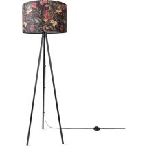 Lampadaire Salon Déco Bureau Trépied Abat-Jour Rond Tissu Fleurs Jungle Design 5 (Ø45,5 cm), Lampadaire tripode - Noir - Paco Home