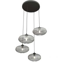 Lampadario 4 Luci Coco Base Tonda In Acciaio Nero Paralume Plissettato Fumè