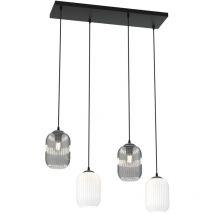 Lampadario 4 Luci Verdi In Acciaio Nero e Vetri Plissettati In Bianco e Fumè