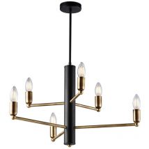 Sospensione in ferro laccato nero con finiture ottone brunito spazzolato 6 luci