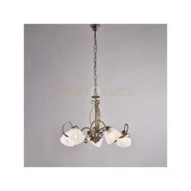 Lampadario in ferro laccato marrone con decorazione oro antico e diffusori in vetro diametro 13 alabastro bianchi 5 luci