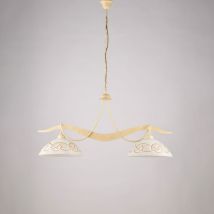 Lampadario in ferro laccato avorio con decorazione effetto decapè e diffusori in vetro diametro 30 bianchi e ambra 2 luci H.46 - max 106 - l. 89 x 30