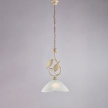 Lampadario in ferro laccato avorio con decorazione oro antico e diffusore in vetro diametro 30 alabastro bianco 1 luce H.50 - MAX 110 - Ø30