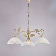 Lampadario in ferro laccato avorio con decorazione oro antico e diffusori in vetro diametro 30 alabastro bianchi 3 luci H.36 - max 96 - Ø79