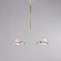 Lampadario in ferro laccato avorio e decorazione effetto decapè con diffusori in ceramica diametro 30 bianco e marrone 2 luci H.34 - max 94 - l. 81 x
