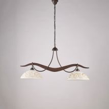 Lampadario in ferro laccato nero con decorazione effetto ruggine e diffusori in vetro diametro 30 bianchi e ambra 2 luci H.46 - max 106 - l. 89 x 30