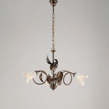 Lampadario Classico 3 Luci con Foglie Ferro Battuto e Vetro Bronzo Serie Limone