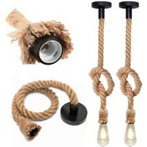 Maka - Lampadario Sospeso 2 Luci in Corda di Bambù Design Vintage Retro Industriale Anni '60 Ideale per Locali, Pub e Ambienti Domestici Compatibile
