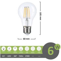 Lampadina filamento led 6w attacco grande E27 A60 bulbo sfera trasparente luce calda 2700k