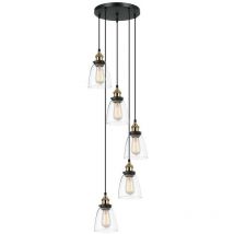 Francis - Colgante Industrial y Retro Negro, Dorado 5 Luces con Pantalla Transparente, Regulable E27 - Italux
