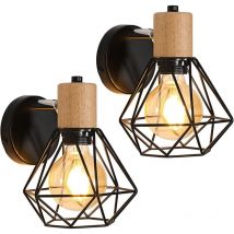 Goeco - Lámpara de pared industrial vintage de 2 piezas, lámpara de pared de madera giratoria de 360 ​​​​°, lámpara de jaula de metal y hierro negro