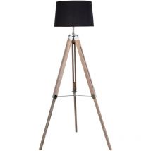 O91 - Lámpara de Pie Tripod, Madera/Tela, Comedor, Dormitorio, Recibidor, Diseño Moderno, 60W, Casquillo E27, Altura Ajustable, 60x52x(103-144.5)cm