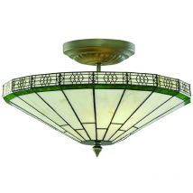 New York 2 Ljus Semi Flush Ceiling Light Antik Mssing, Tiffany Glass, E14 - Searchlight
