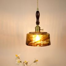 Wottes - Lámparas Colgantes de Techo Vintage E27 Iluminación Colgante de Latón Luz Araña de Vidrio Pantalla - Madera Ø17CM