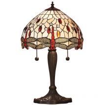 Interiors Dragonfly Beige - Petite lampe de table à 2 lampes, bronze foncé, beige, verre de style Tiffany, E27