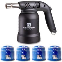 Kemper - Lampe à souder à gaz Professionnelle Utilisation 360° Chalumeau Gaz Allumage piezo 4 Cartouches gaz Perçables