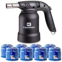 Kemper - Lampe à souder à gaz Professionnelle Utilisation 360° Chalumeau gaz Allumage piezo + 8 Cartouches gaz Perçables