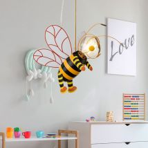 Lampe à suspension chambre d'enfant suspension abeille led lampe de chambre garçons filles, métal noir jaune, led 7W 700lm 2700K, LxPxH 36x25x120 cm