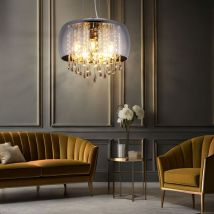 Lampe à suspension, lampe de salon, plafonnier, lampe de salle à manger, verre métal chromé, cristaux couleur fumée, 5 ampoules E14, DxH 35120 cm