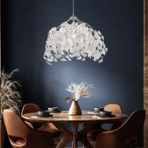 Lampe à suspension, plafonnier, lampe de salon, lampe de salle à manger, métal chromé feuilles blanches, 1x E27, h 150 cm