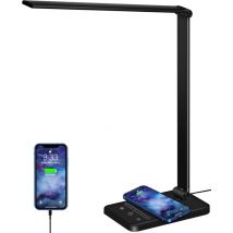 Lampe de Bureau avec Chargeur Sans Fil - Dimmable, 5 Modes de Couleur, 6 Niveaux de Luminosité, Contrôle Tactile, Port usb, Minuterie, Pliable et