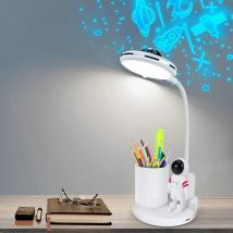 Lampe de Bureau Enfant, Lampe de Table Sans Fil Dimmable, Lampe de Bureau Rechargeable avec Projection et Porte-stylo, Lampe de Lecture LED