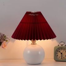 Denuotop - Lampe de chevet nordique, petite lampe de table lumière chaude E27, abat-jour en tissu plissé base en céramique, céramique blanche +