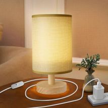 Ultrixe - Lampe De Chevet En Bois Lampe de table led avec Abat-jour en tissu, Blanc chaud, Câble de commutation de 1,5 m, lampe de chambre led pour