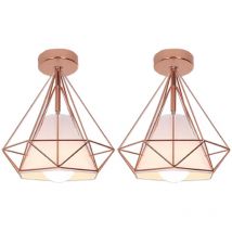 Moderne Plafonnier Cage Forme Diamant E27 25cm Lustre Suspension Industrielle Doré Rose 2PCS