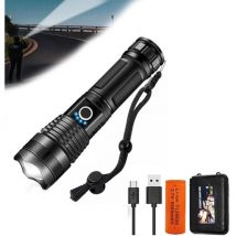 Lampe de poche LED 10000 lumens, 5000mAh USB rechargeable 26650 batterie incluse, 5 modes d'éclairage, zoomable, longue durée de travail torche