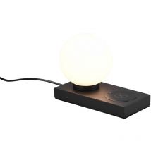 Frankystar - Lampe de table Chloe noire avec sphère en verre blanc et base pour recharge inductive de téléphone portable avec interrupteur tactile h.