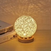 Crea - Lampe de table en bois, lampe de table usb avec abat-jour sphérique en rotin travaillé à la main lampe de lune en bois pour chambre à coucher