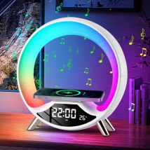Lampe De Table Intelligente, Lampe De Chevet Avec Chargement Sans Fil, Veilleuse, Lumière D'ambiance, Avec Haut Parleur Bluetooth, Double Réveil,